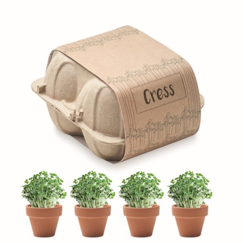 Zestaw 4 glinianych doniczek z nasionami rzeżuchy Cress