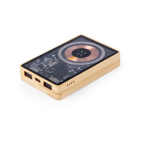 Magnetyczny bezprzewodowy bambusowy power bank 5000 mAh z ładowarką bezprzewodową 15W