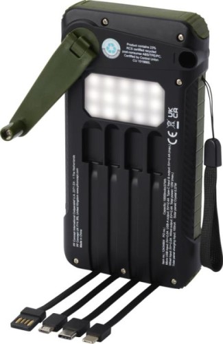 Powerbank solarny  Soldy o pojemności 10 000 mAh z dynamem wykonany z tworzyw sztucznych pochodzących z recyklingu
