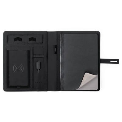 Teczka konferencyjna z podświetlanym logo, z bezprzewodowym power bankiem 4000 mAh i notatnikiem A5